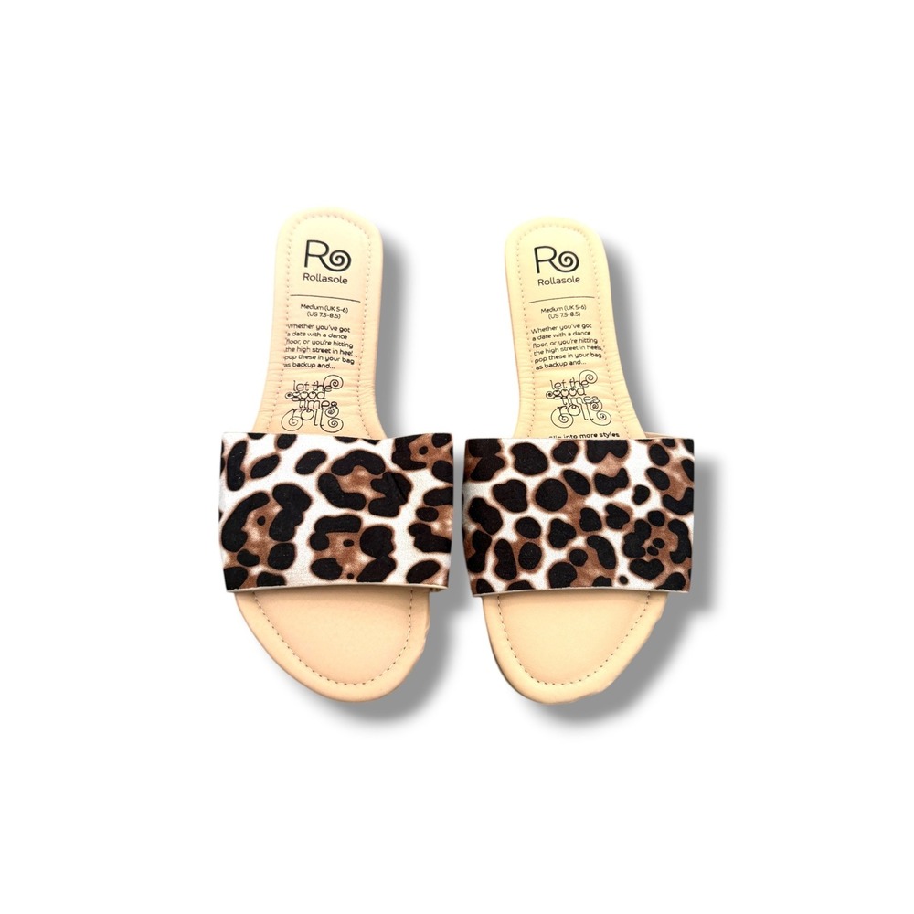 Rollasole Leopard Print Slide Sandals Womens M 7.5-8.5 Foldable Travel Flats Bag